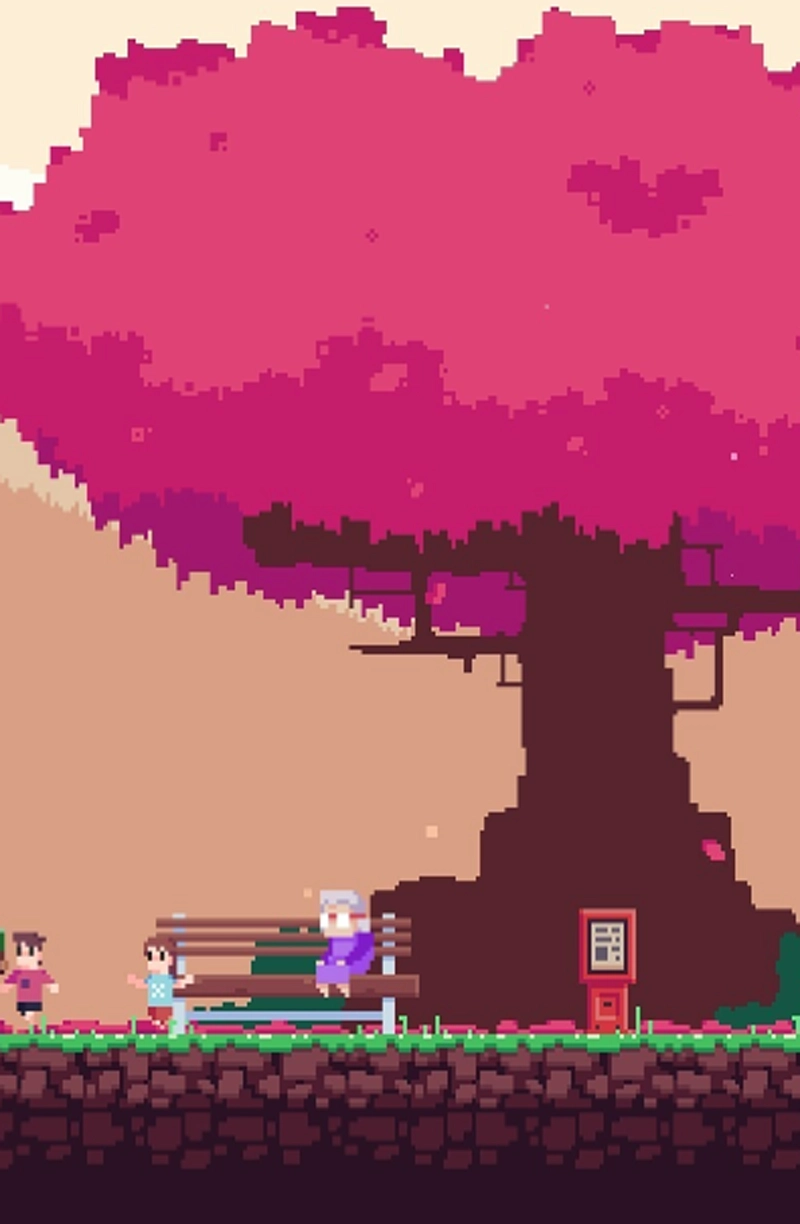 The image is a screenshot from the game, showing a pink tree with a playable character on it