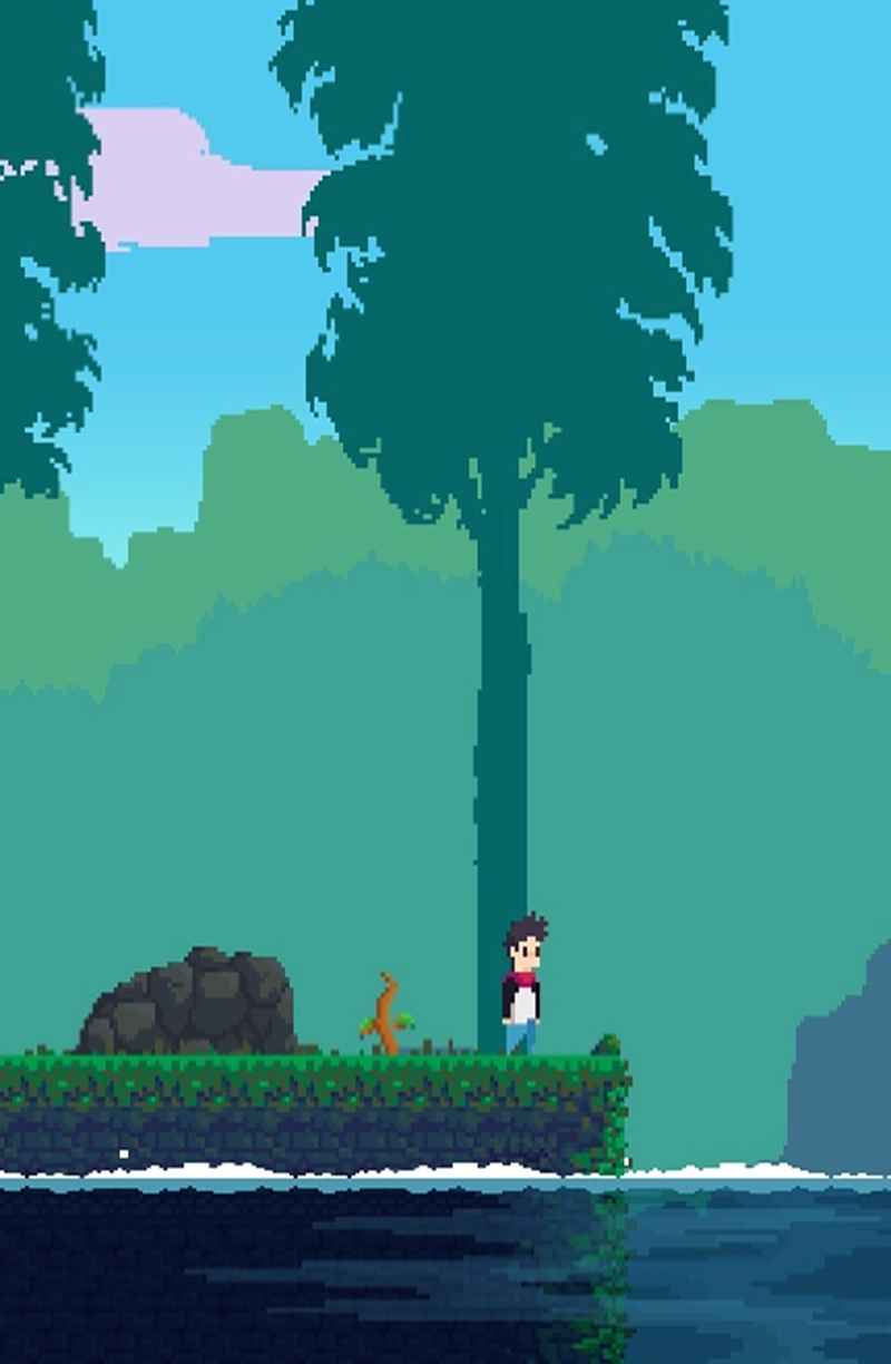 The image is a screenshot from the game, showing a lake and a clearing with a character in it